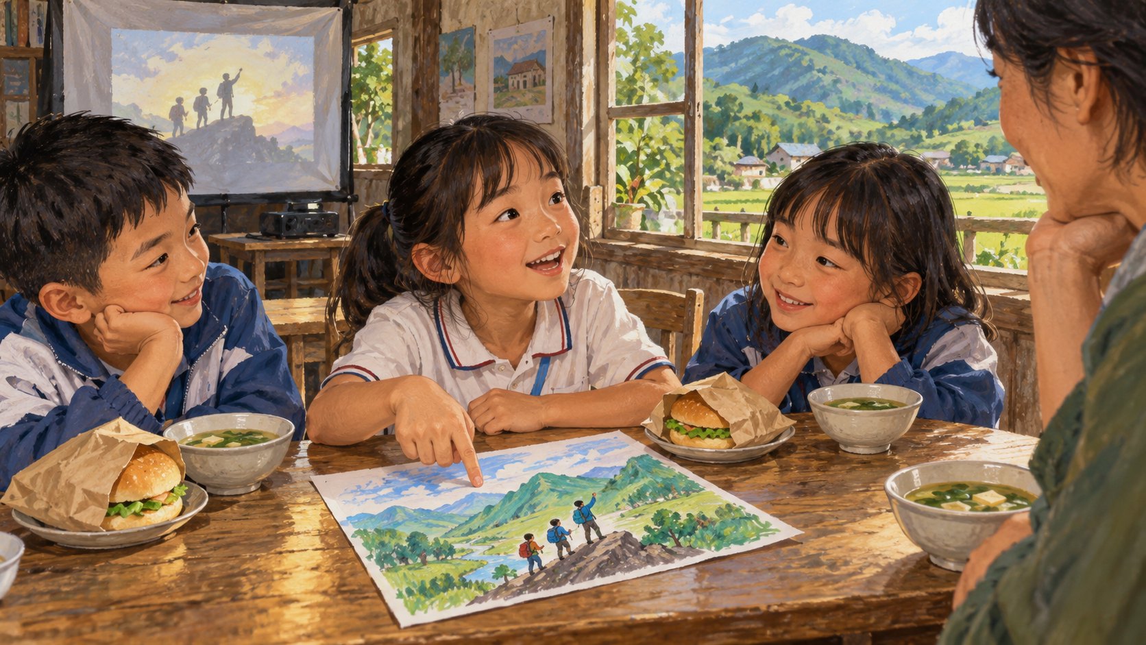 孩子們圍桌享用餐點並分享故事感想,大人在旁傾聽的情境插畫,非活動實景