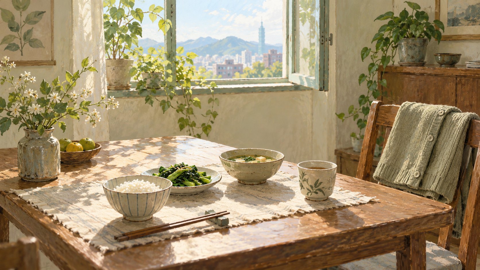 窗邊餐桌擺著簡單飯菜，椅背搭著針織外套的日常情境插畫，非陳淑芳住家實景