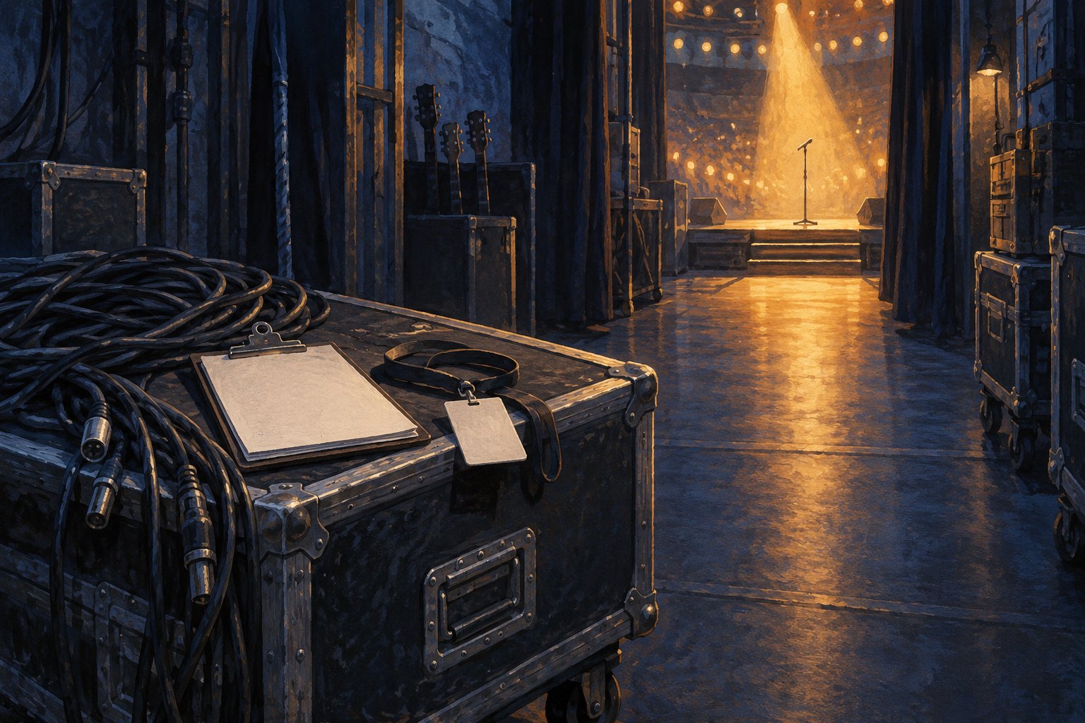 Conceptual illustration of backstage equipment, cables, and a blank clipboard facing an empty microphone stand under a spotlight.