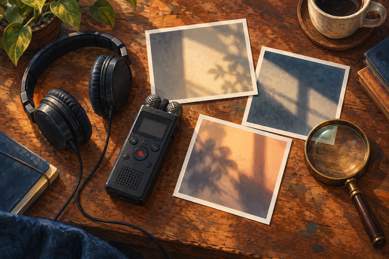 Conceptual illustration of an audio recorder, headphones, abstract photographic prints, and a magnifying glass on a wooden desk.