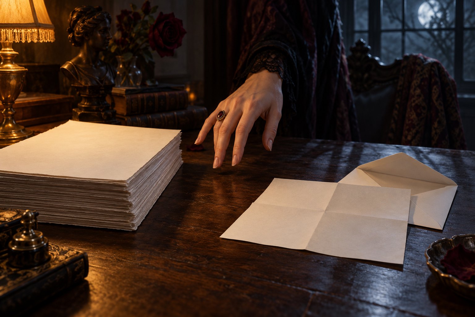 A symbolic illustration of a woman's hand hovering between a stack of blank pages and an unfolded letter.