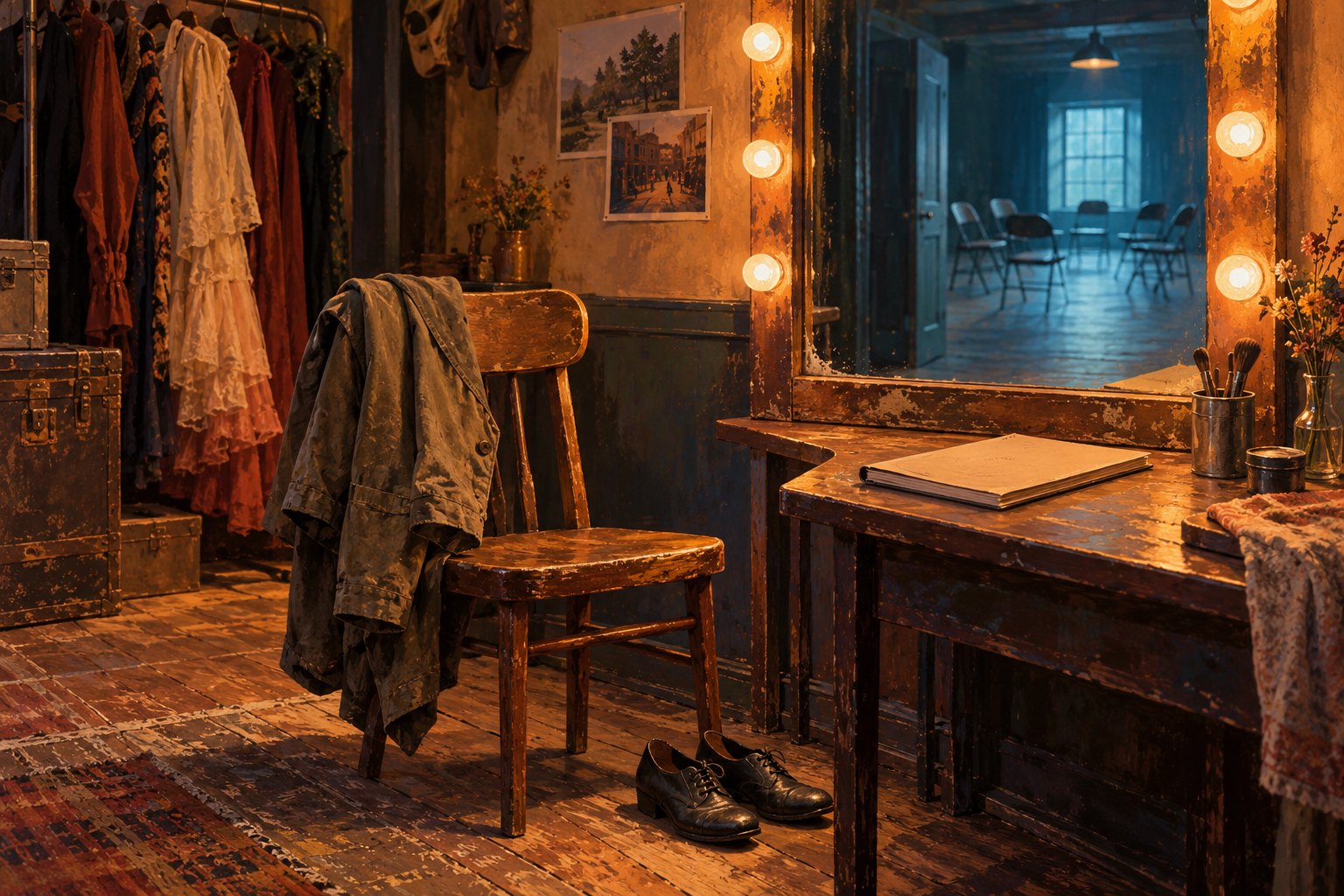Conceptual illustration of a backstage dressing room with a jacket on a wooden chair and a mirror reflecting an empty rehearsal space.