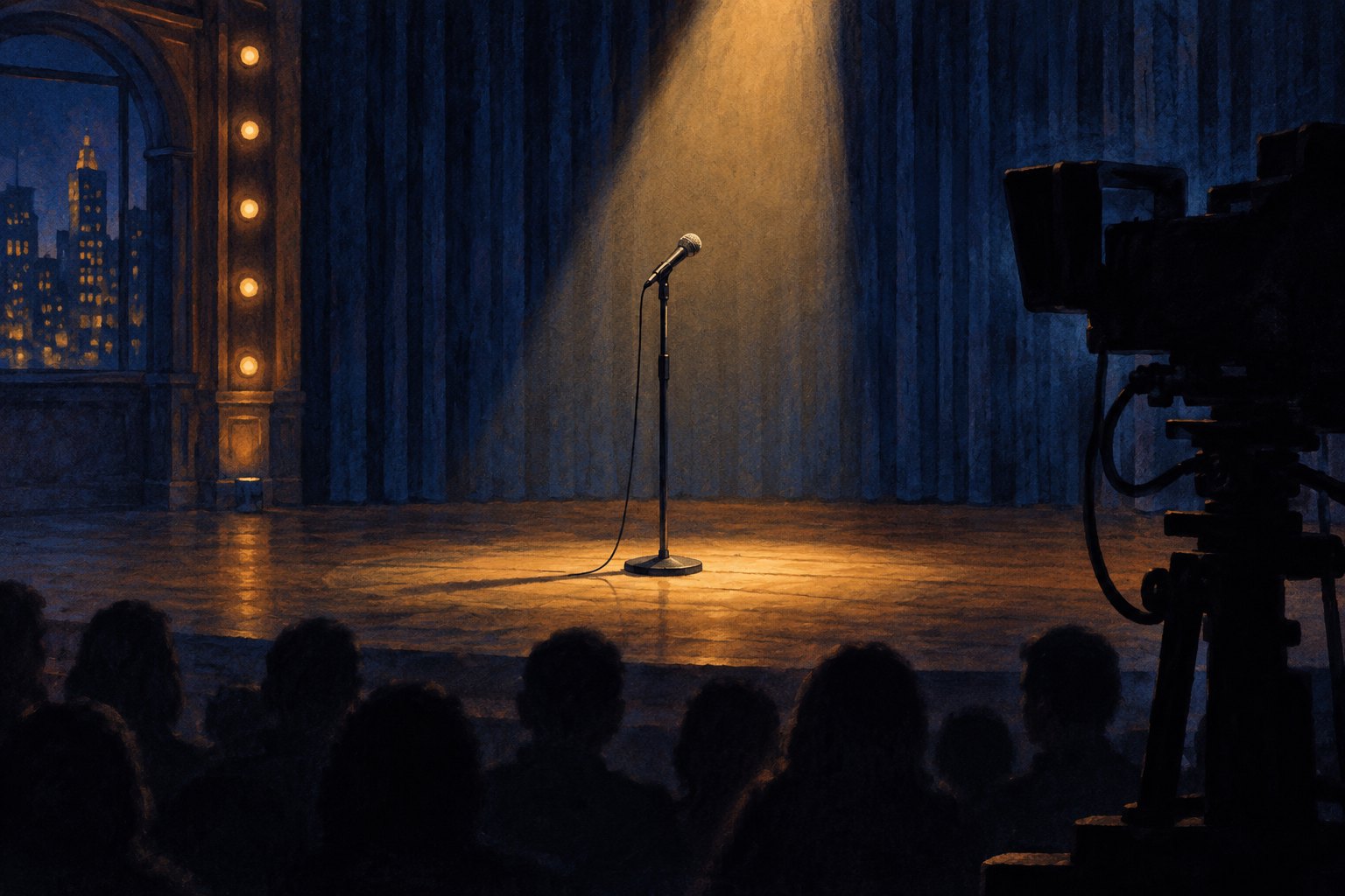 Editorial illustration of an empty comedy stage with a spotlighted microphone, a television camera, and audience silhouettes.