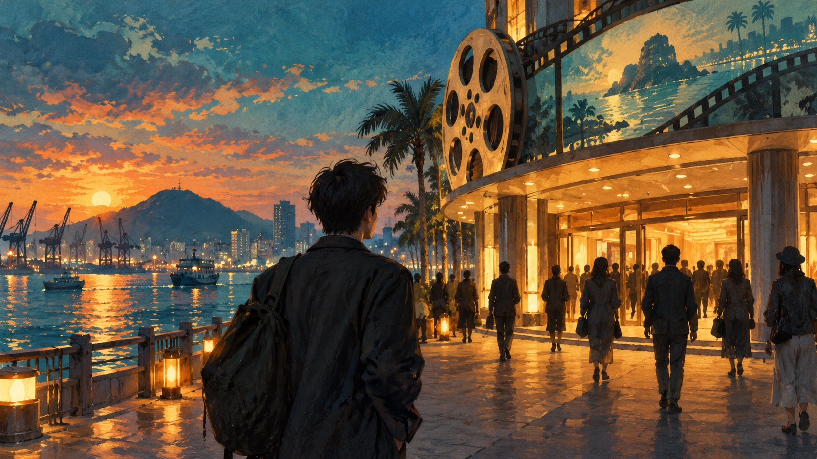 港都夕陽下，觀眾沿著水岸走向亮燈戲院的情境插畫，非活動現場。
