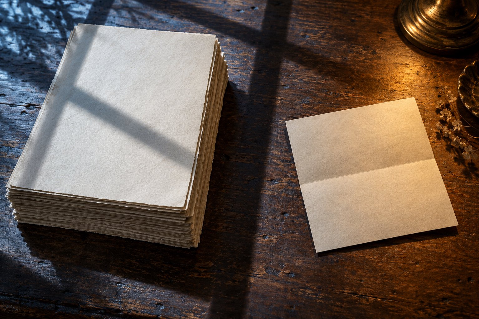 Symbolic illustration of blank manuscript pages and a folded letter separated by shadows on a wooden desk.