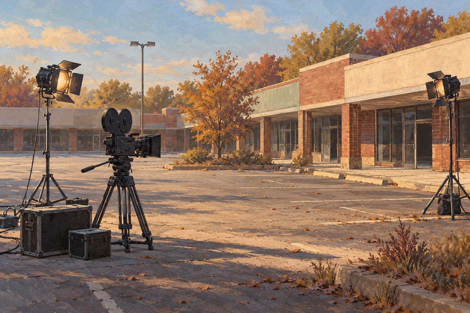 Conceptual illustration of a vacant suburban mini mall with a movie camera and film lights in an autumn parking lot.