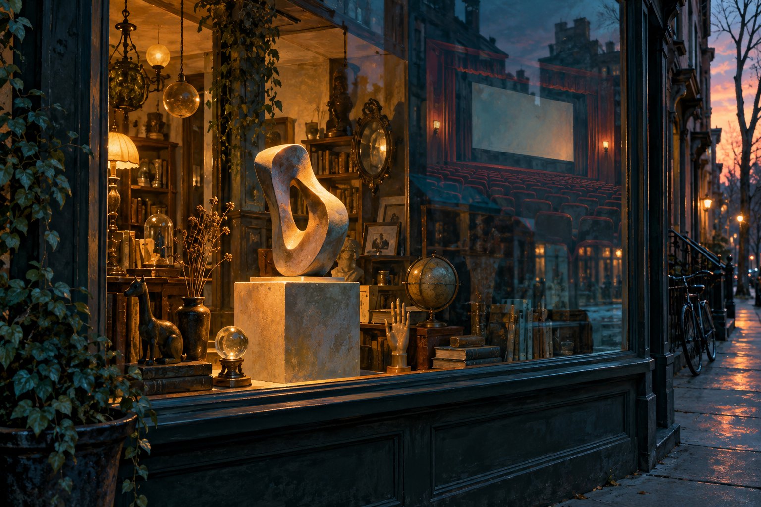 Conceptual illustration of a warmly lit curiosity shop window with an abstract sculpture and a cinema auditorium reflected in the glass.