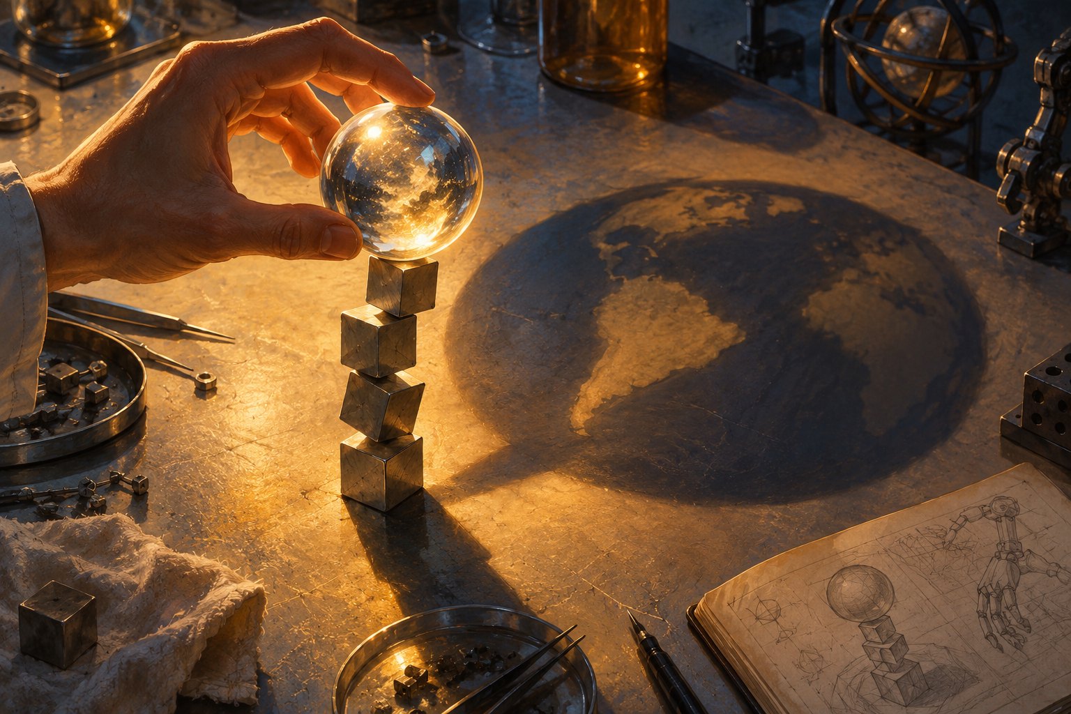 Conceptual illustration of a hand balancing a glowing glass sphere on an unstable stack of metal cubes.