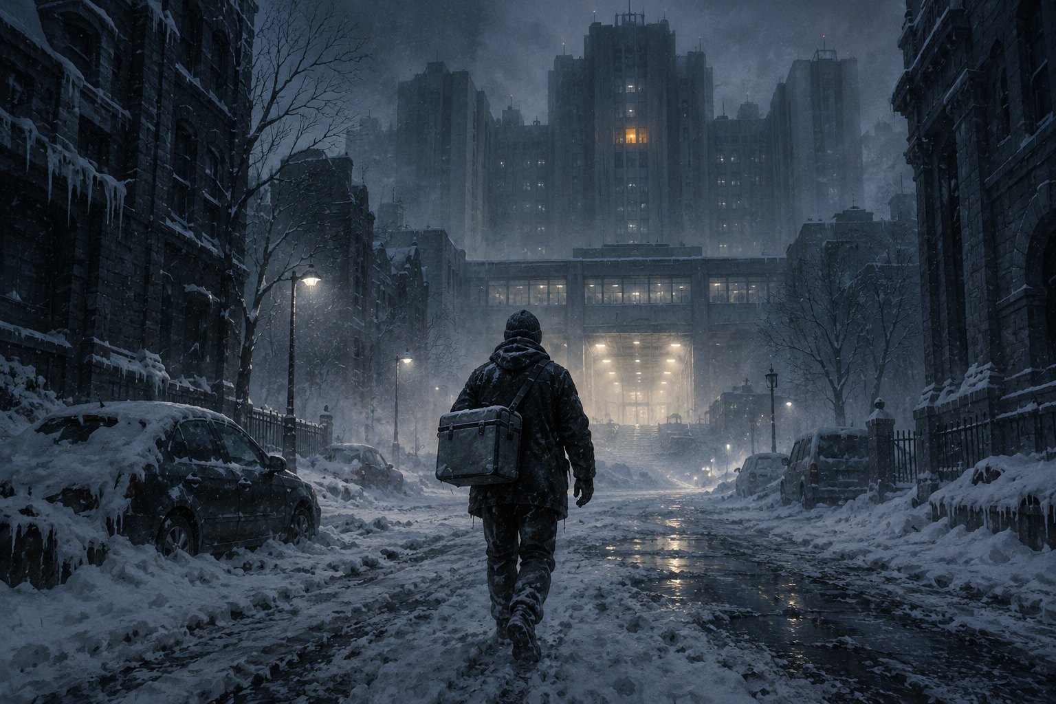 Concept illustration of a lone courier carrying a medical bag toward a looming hospital on a snowy city street.
