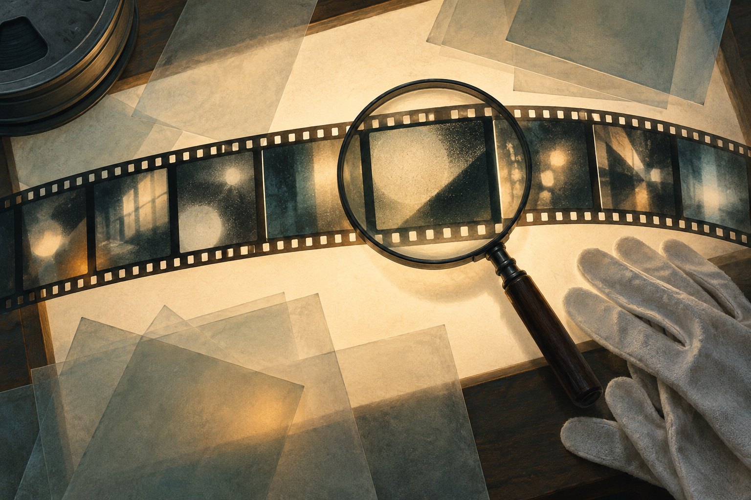 Conceptual illustration of a magnifying glass over abstract film frames on an illuminated editing table.