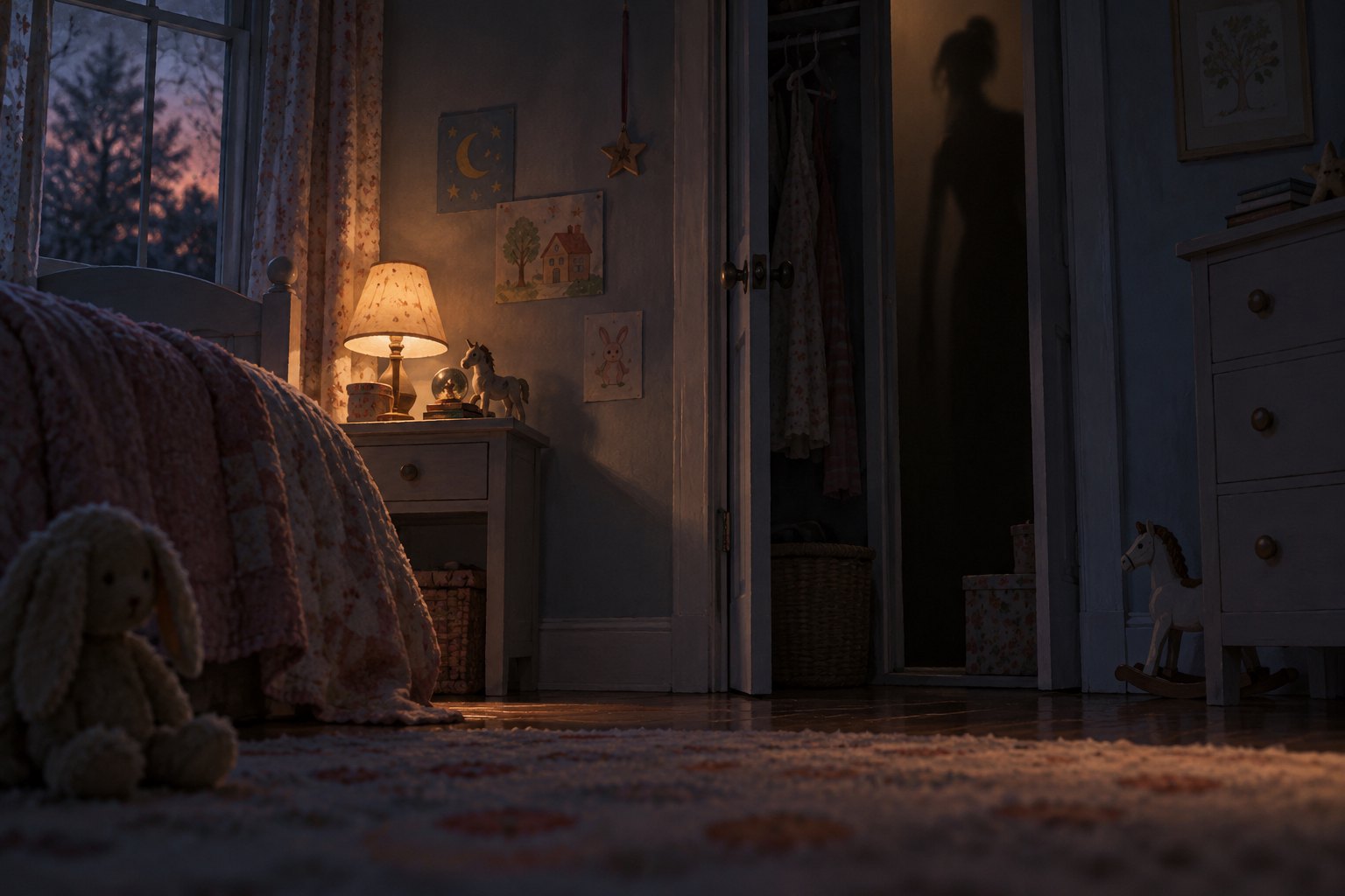 Conceptual illustration of a dim bedroom with a maternal shadow inside a partially open closet.