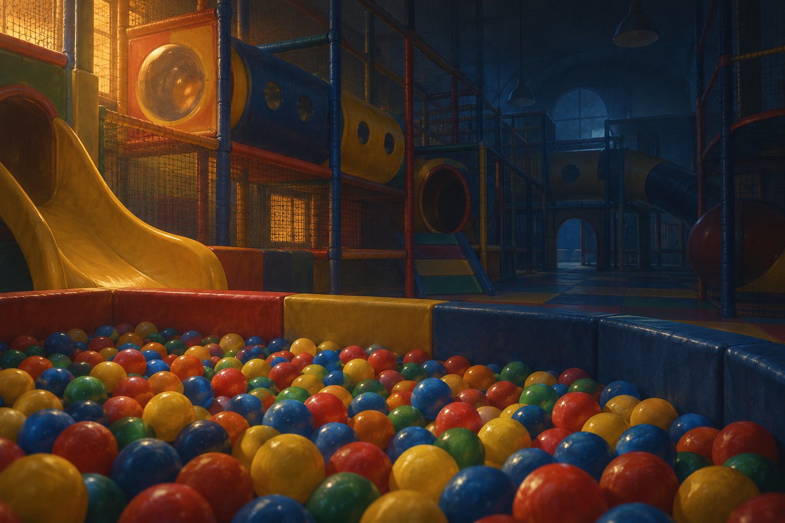 Conceptual illustration of an empty indoor ball pit and climbing tunnels disappearing into blue shadows.