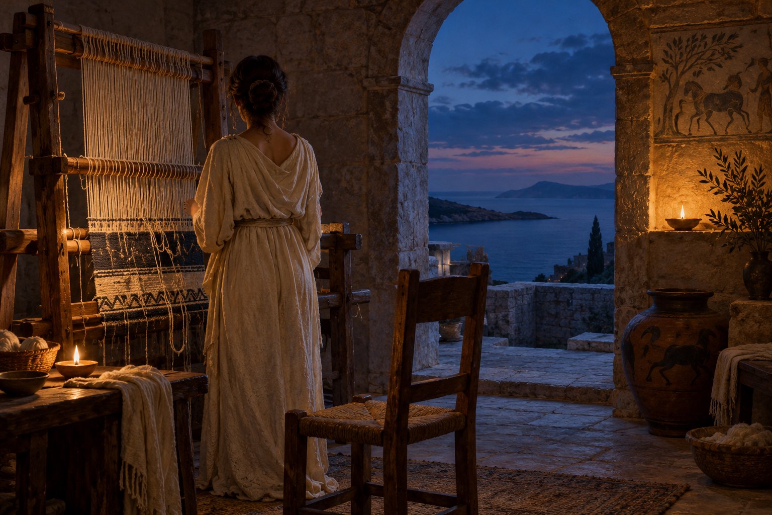 Conceptual illustration of a woman beside an unfinished loom in a lamplit stone chamber overlooking the sea at dusk.