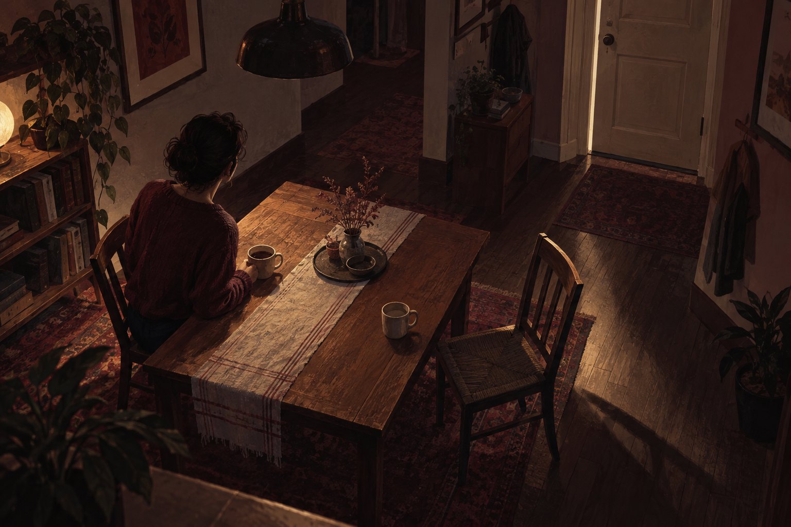 Conceptual illustration of a seated figure turning toward a closed door beside a dining table with two cups and an empty chair.
