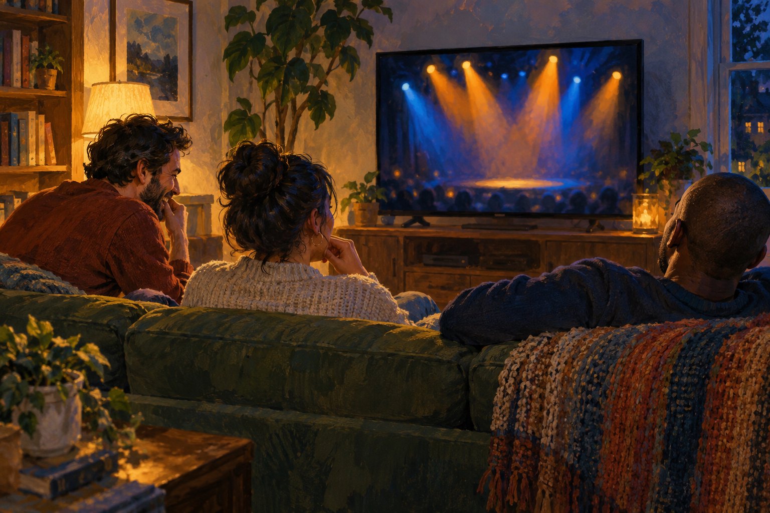 Conceptual illustration of three adults watching a television filled with blue and amber stage lights.