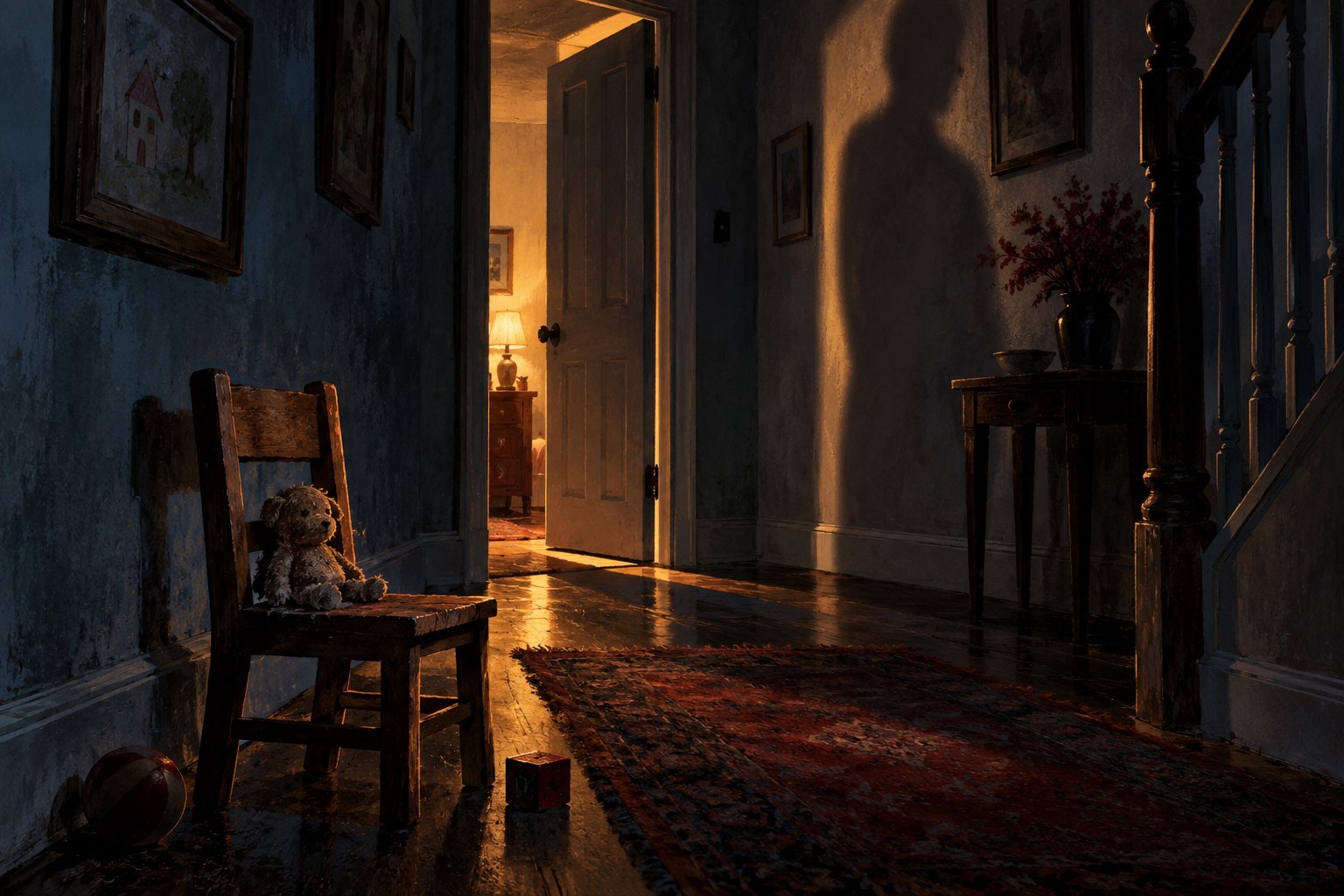 A teddy bear rests on a wooden chair in a dim hallway where an adult-shaped shadow stretches beside an open doorway.