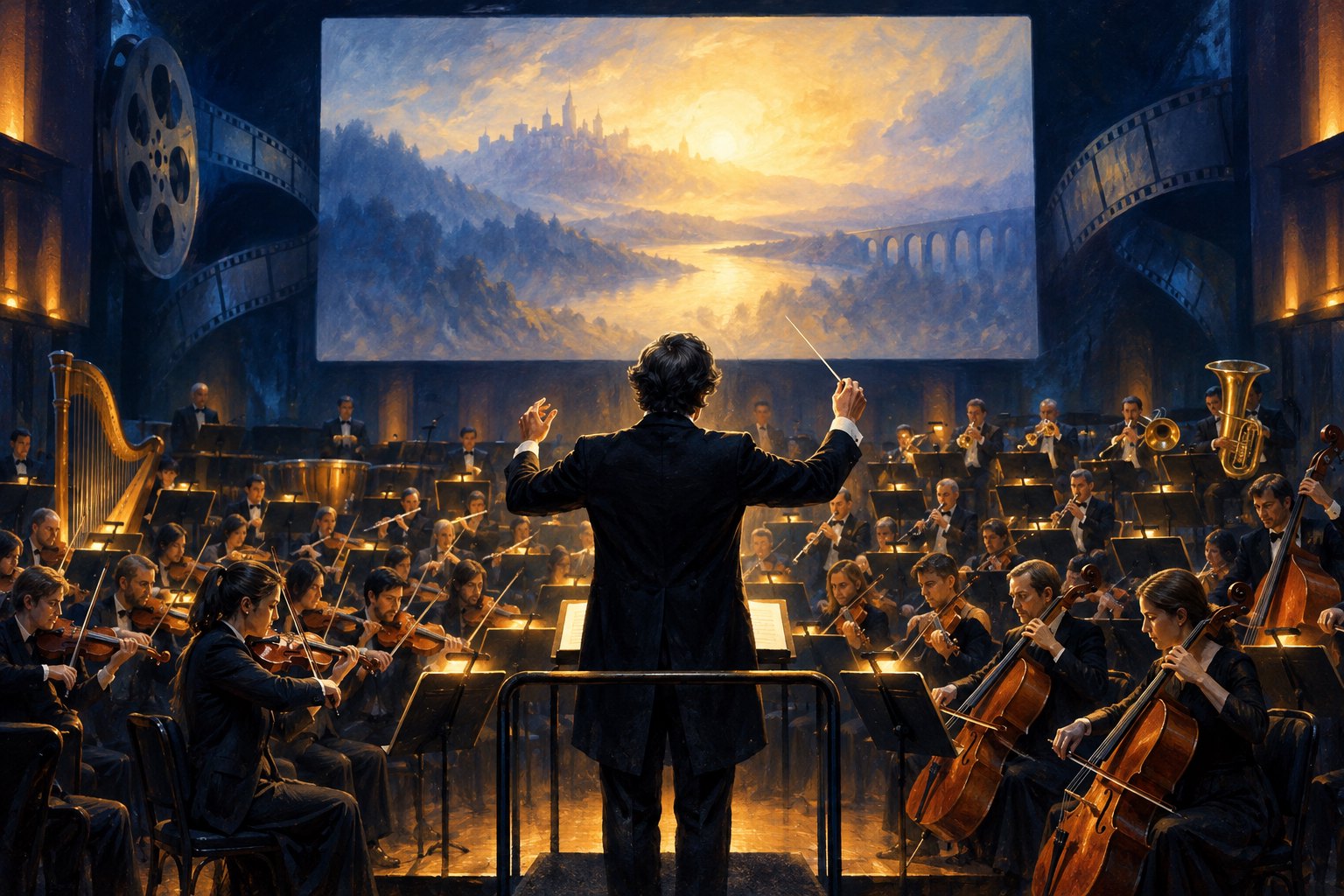 Painterly illustration of a conductor leading an orchestra beneath a cinema screen showing a sunlit landscape.
