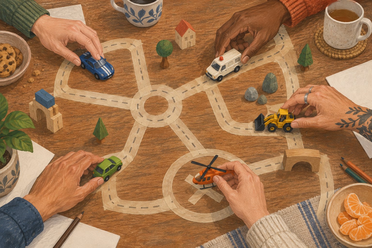 Conceptual illustration of five adults arranging miniature vehicles around a winding tape road on a wooden table.