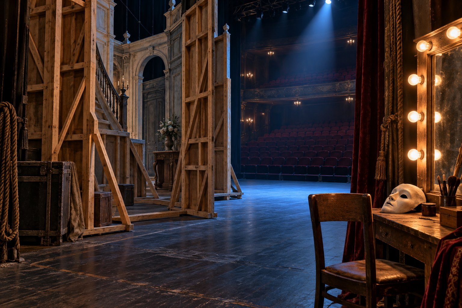 Conceptual illustration of exposed theater scenery beside a lighted dressing-room mirror and a theatrical mask.
