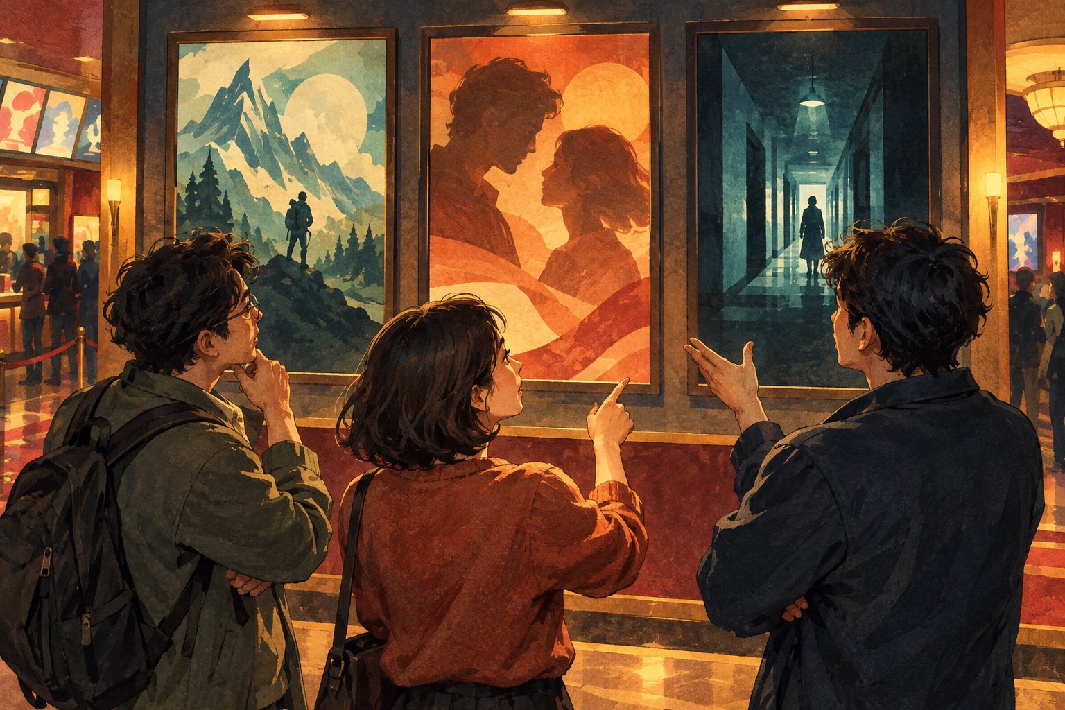 选片概念插画：三名朋友在影院大厅比较冒险、情感与悬疑题材的无字海报