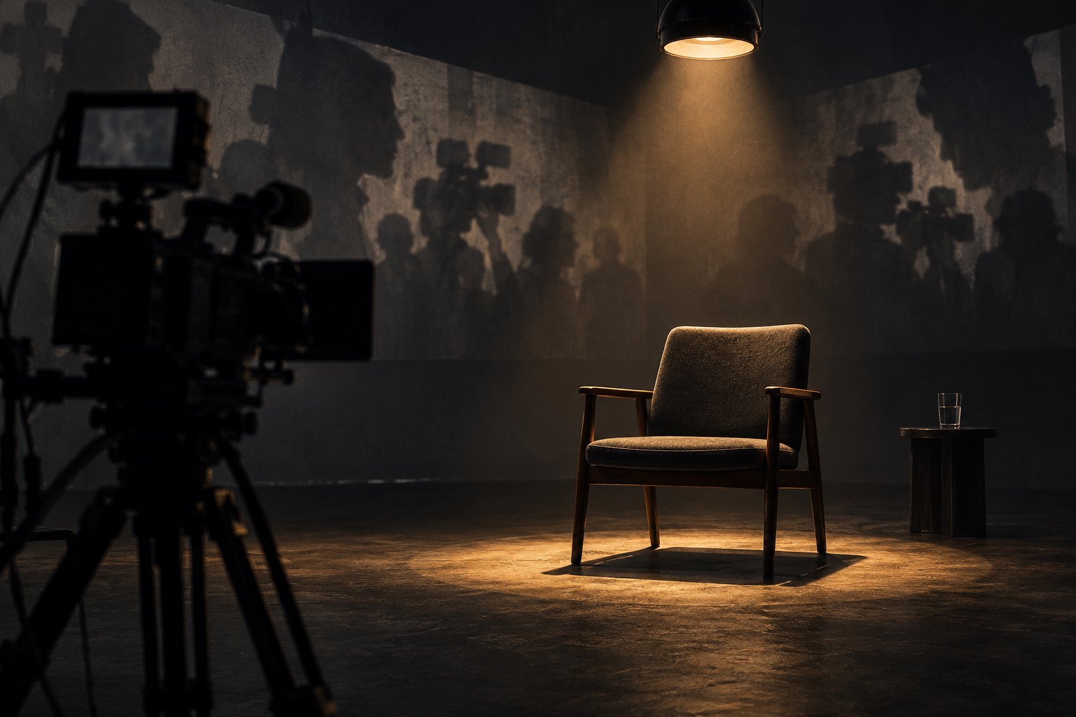 Conceptual illustration of an empty interview chair beneath a spotlight, with a movie camera silhouetted in the foreground.