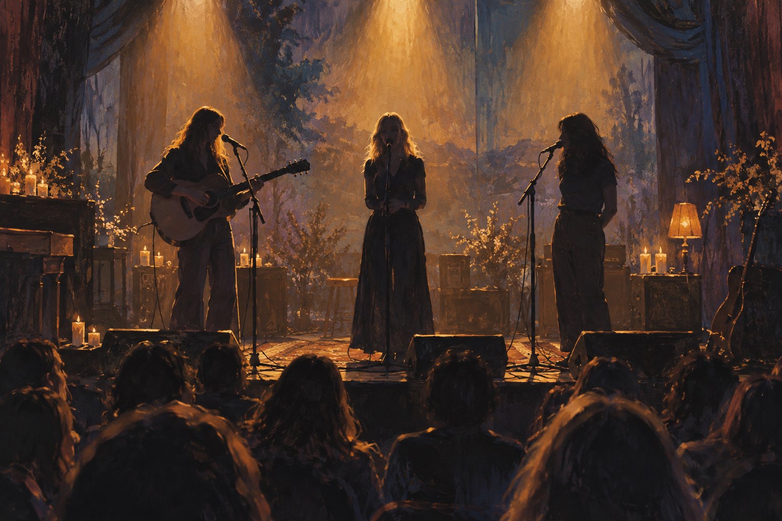 Conceptual illustration of three musicians performing at microphones under amber theater lights, viewed from the audience.