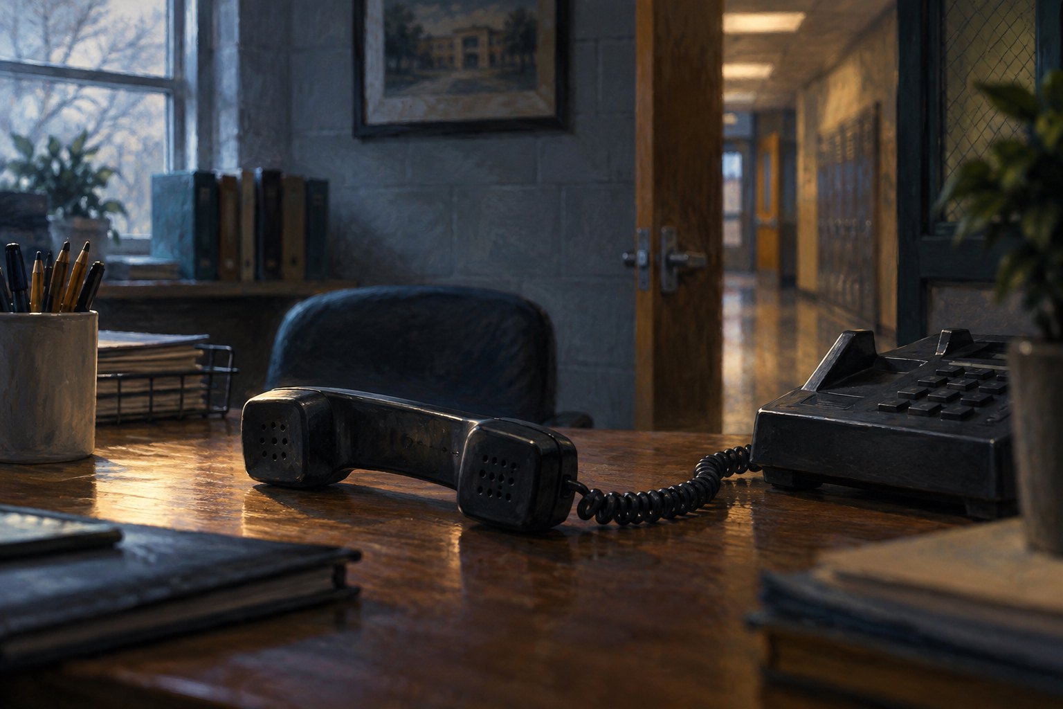 Painterly illustration of a telephone handset resting beside its cradle on an empty school office desk.