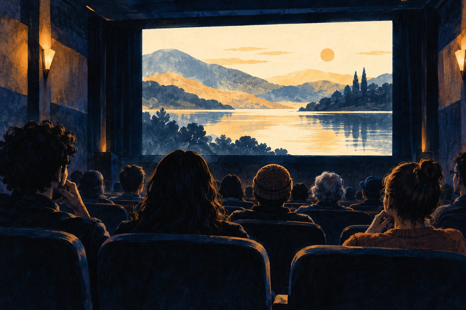 Editorial illustration of an audience watching a landscape on a glowing screen in a small movie theater.