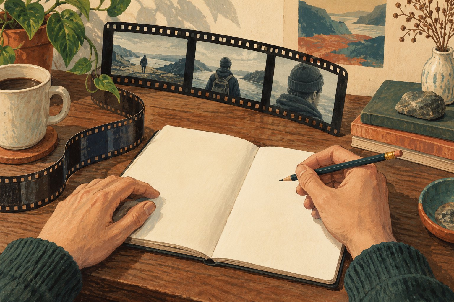 Editorial illustration of hands with a pencil and blank notebook beside a curling strip of film.