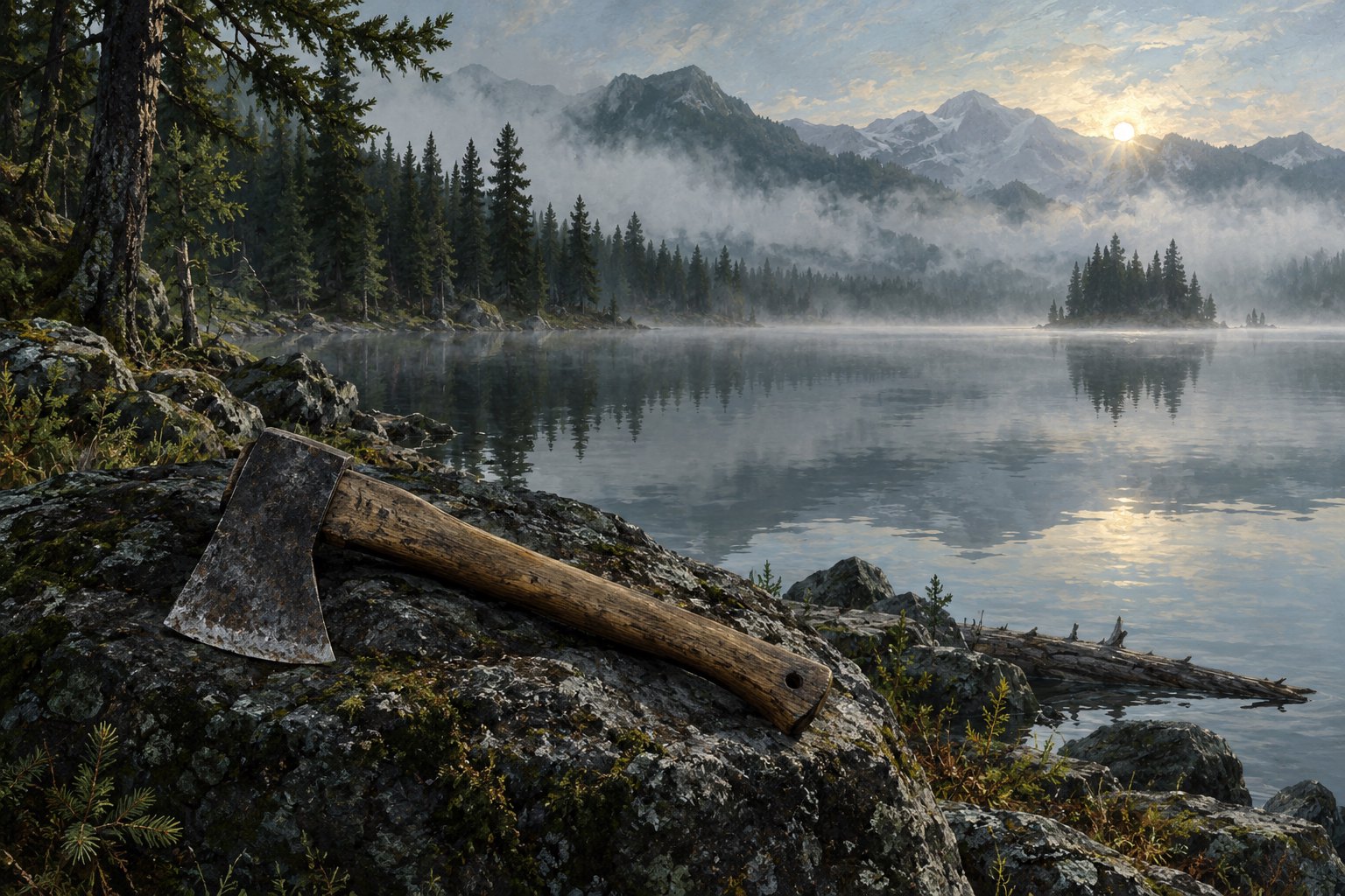 Conceptual illustration of a worn hatchet resting on a lakeside rock beneath a misty forest landscape.