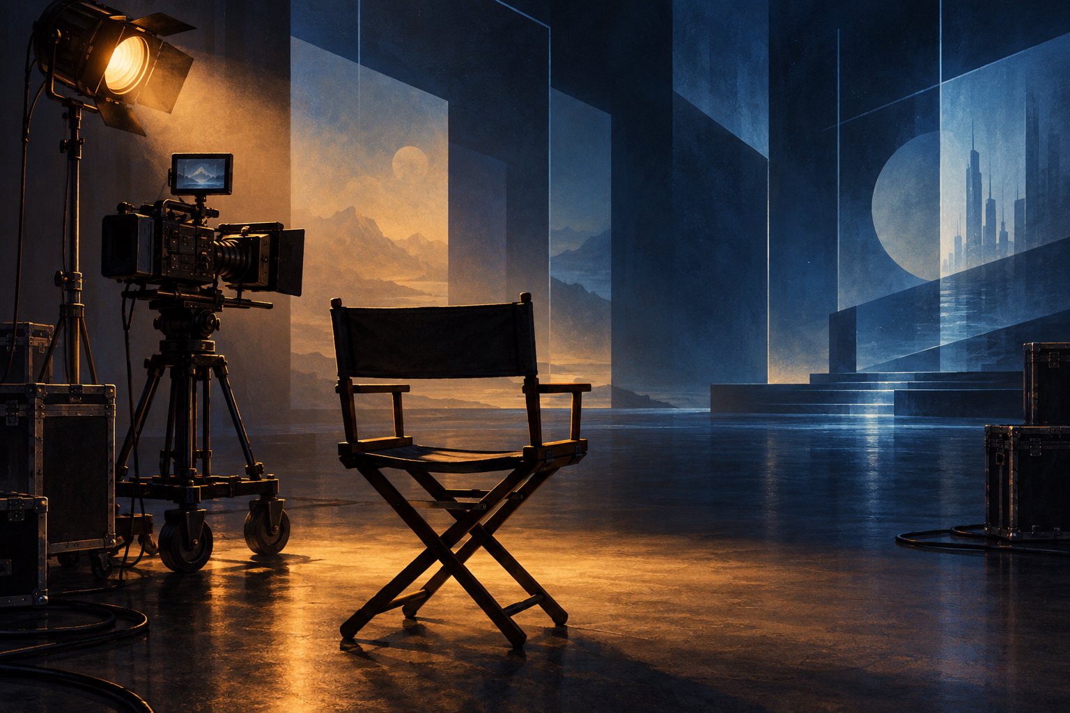 Conceptual illustration of an empty actor’s chair and cinema camera under amber light against blue geometric scenery.