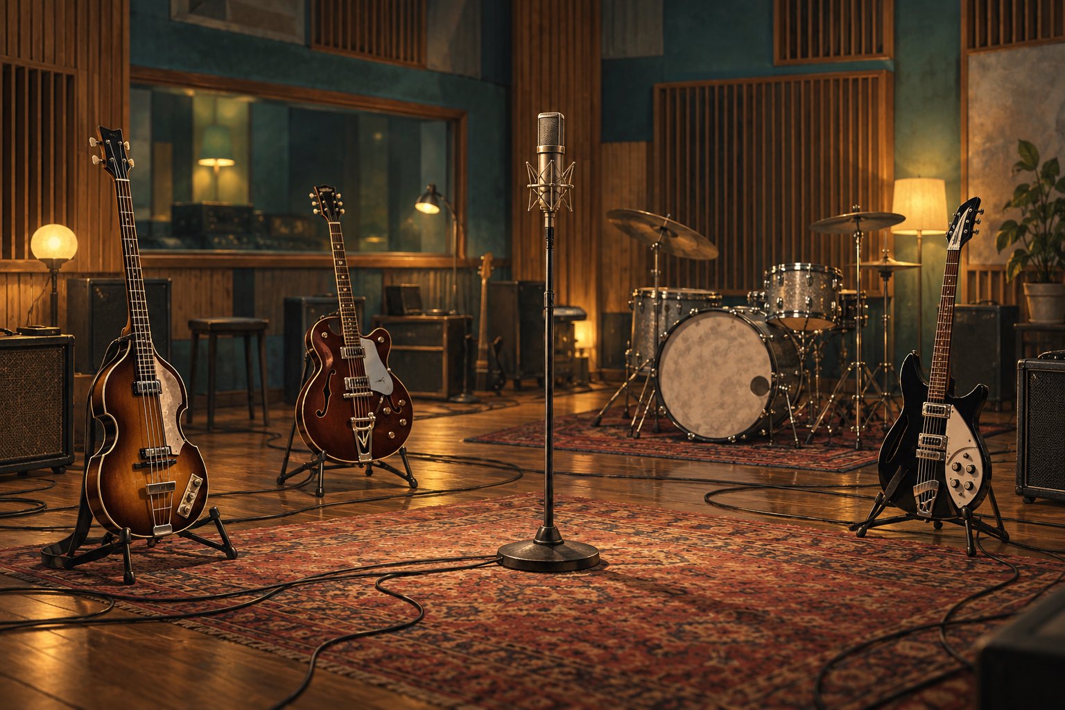 Conceptual illustration of a warmly lit recording studio with a bass, two guitars, a drum kit, and a central microphone.
