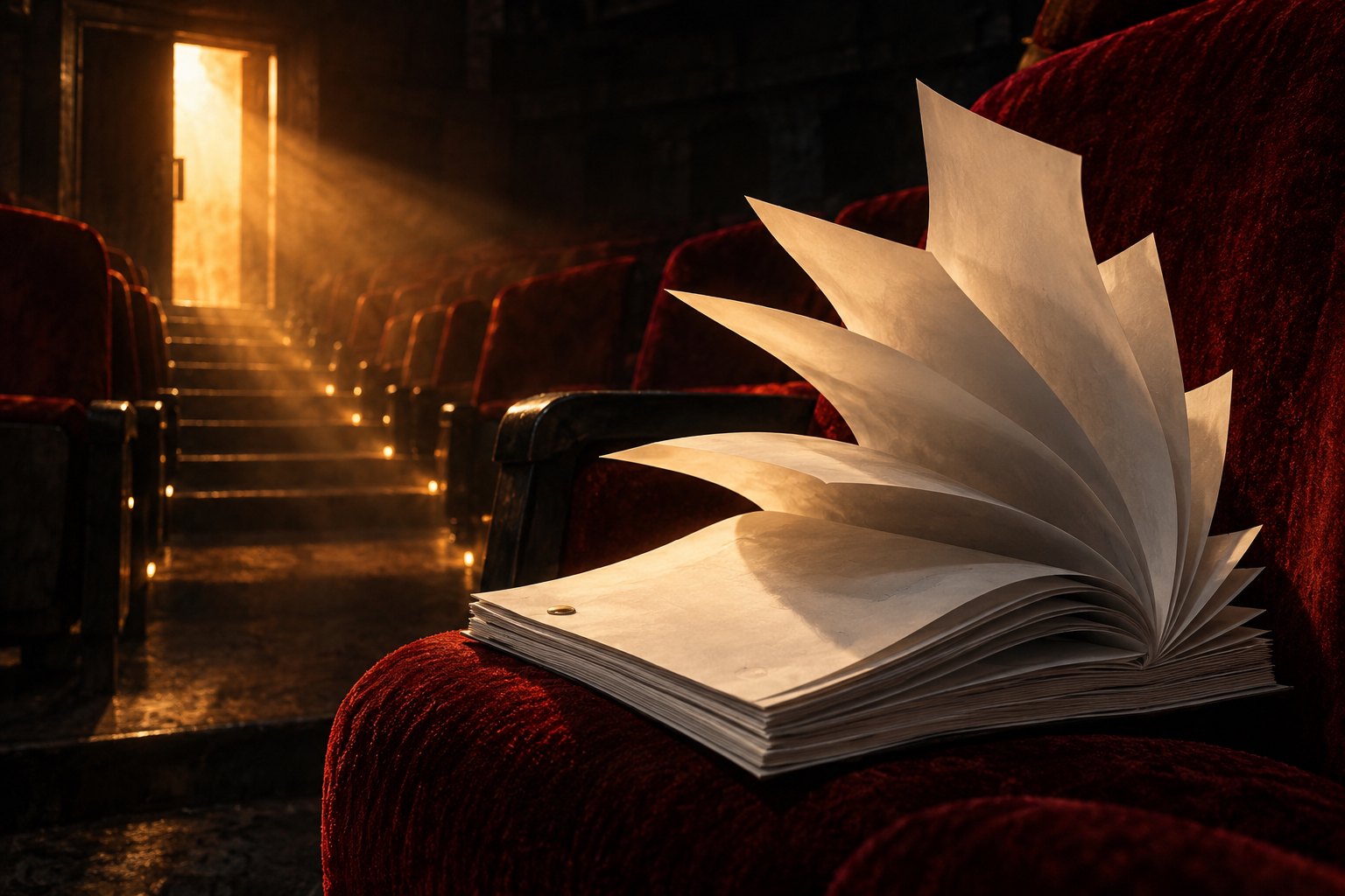 Conceptual illustration of blank screenplay pages fanning upward on a red cinema seat beside a warmly lit auditorium doorway.