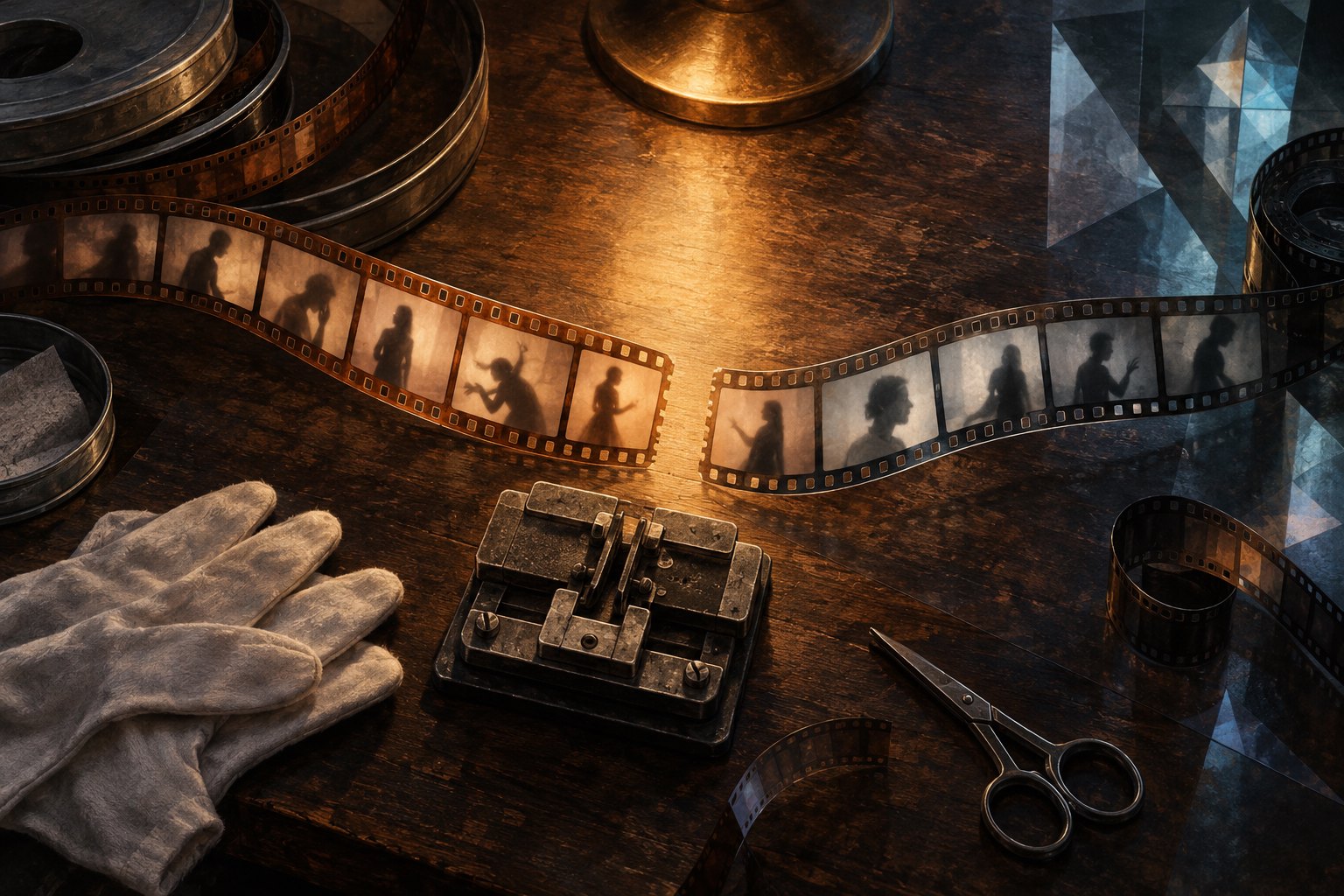 Conceptual illustration of film strips containing human silhouettes beside a splicer, scissors, and white gloves on an editing table.