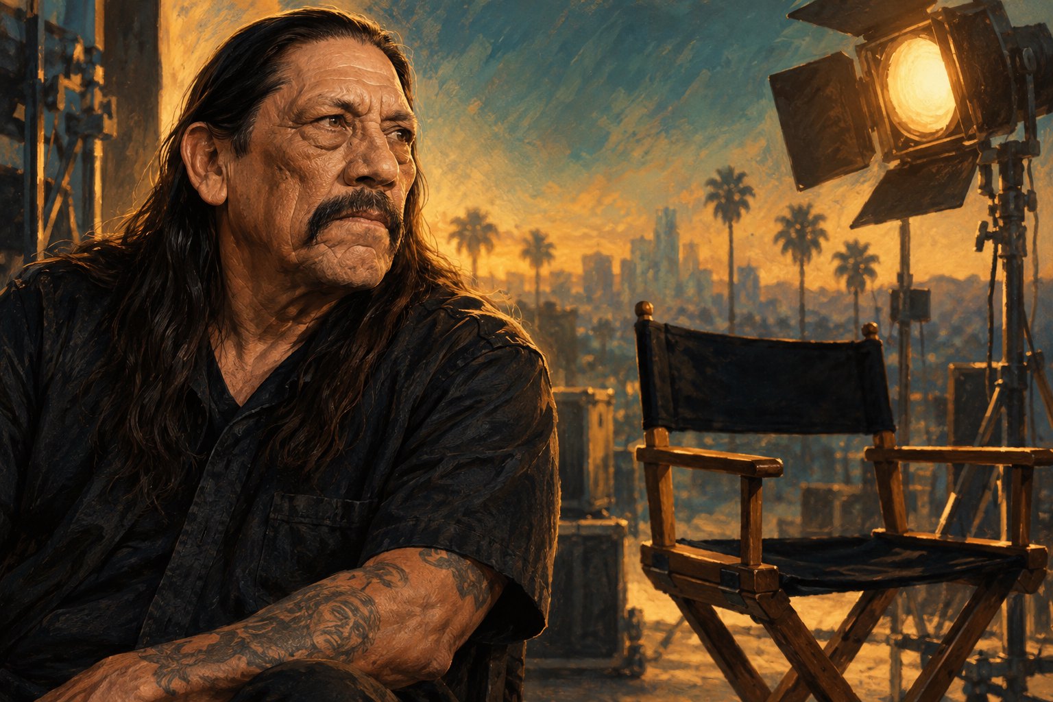 Painterly illustration of Danny Trejo beside an empty director’s chair and a glowing studio light.