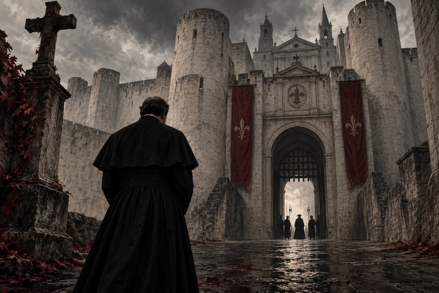 An original illustration of a black-robed priest facing imposing stone fortifications beneath a stormy sky.