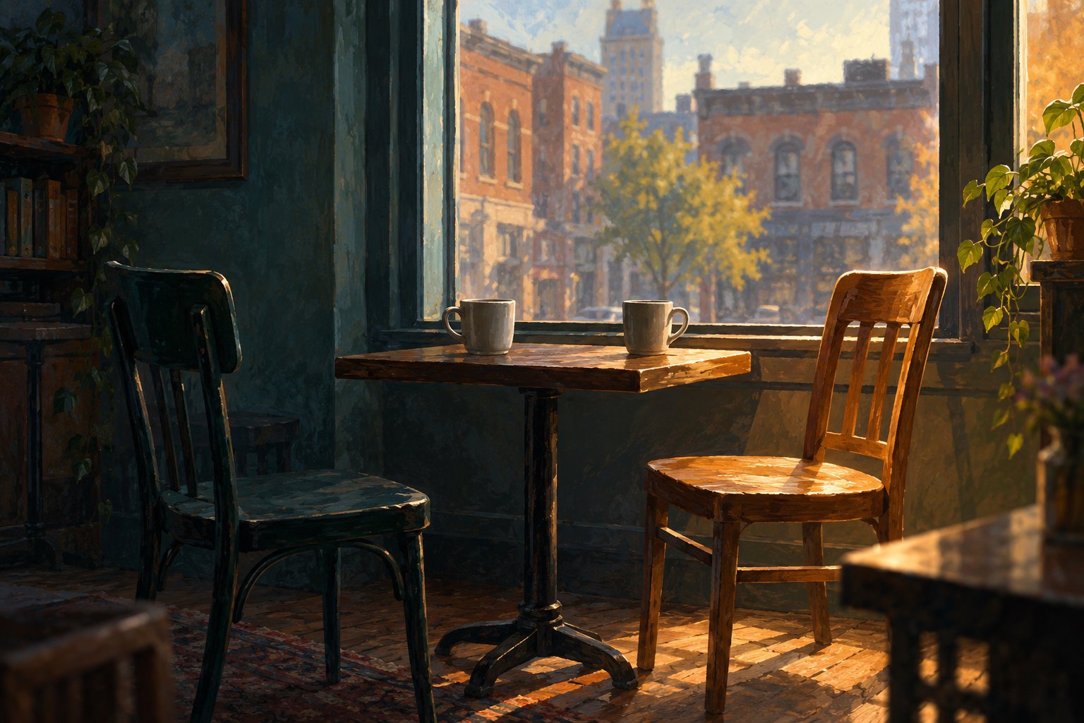 Conceptual illustration of two empty cafe chairs, one in shadow and one in sunlight, beside a window overlooking brick buildings.