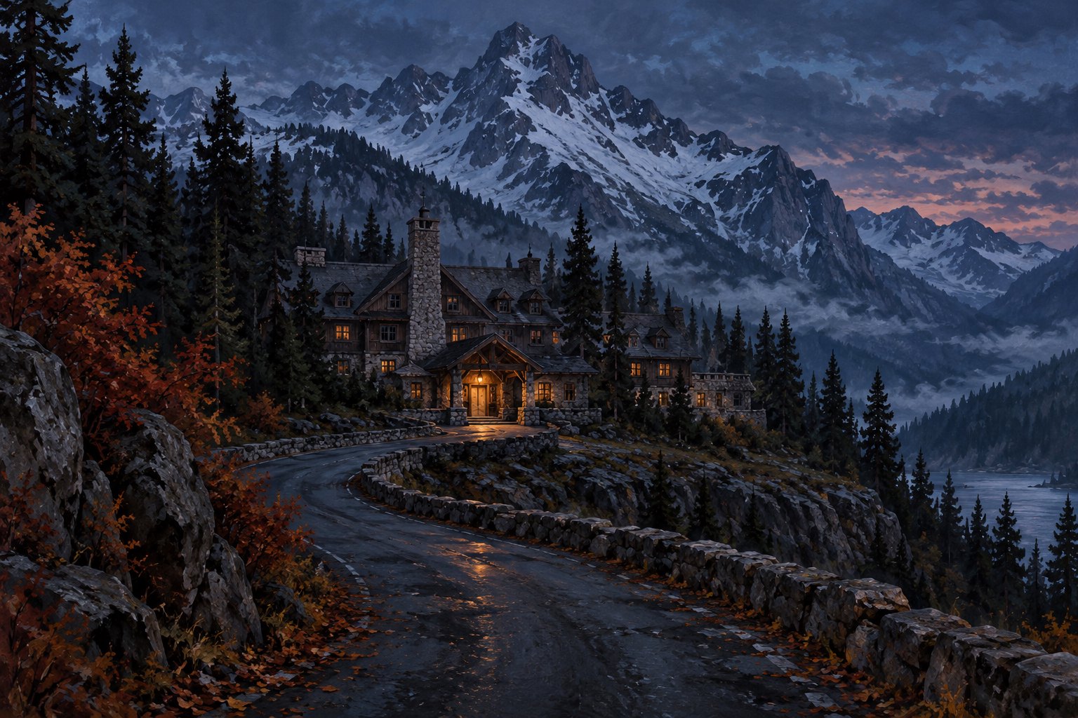 Atmospheric illustration of a mountain lodge with glowing windows beneath snowy peaks at twilight.