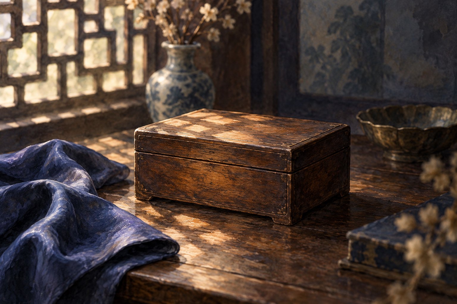 Symbolic editorial illustration of a closed wooden keepsake box beside blue silk in soft window light, rather than a confirmed film prop.