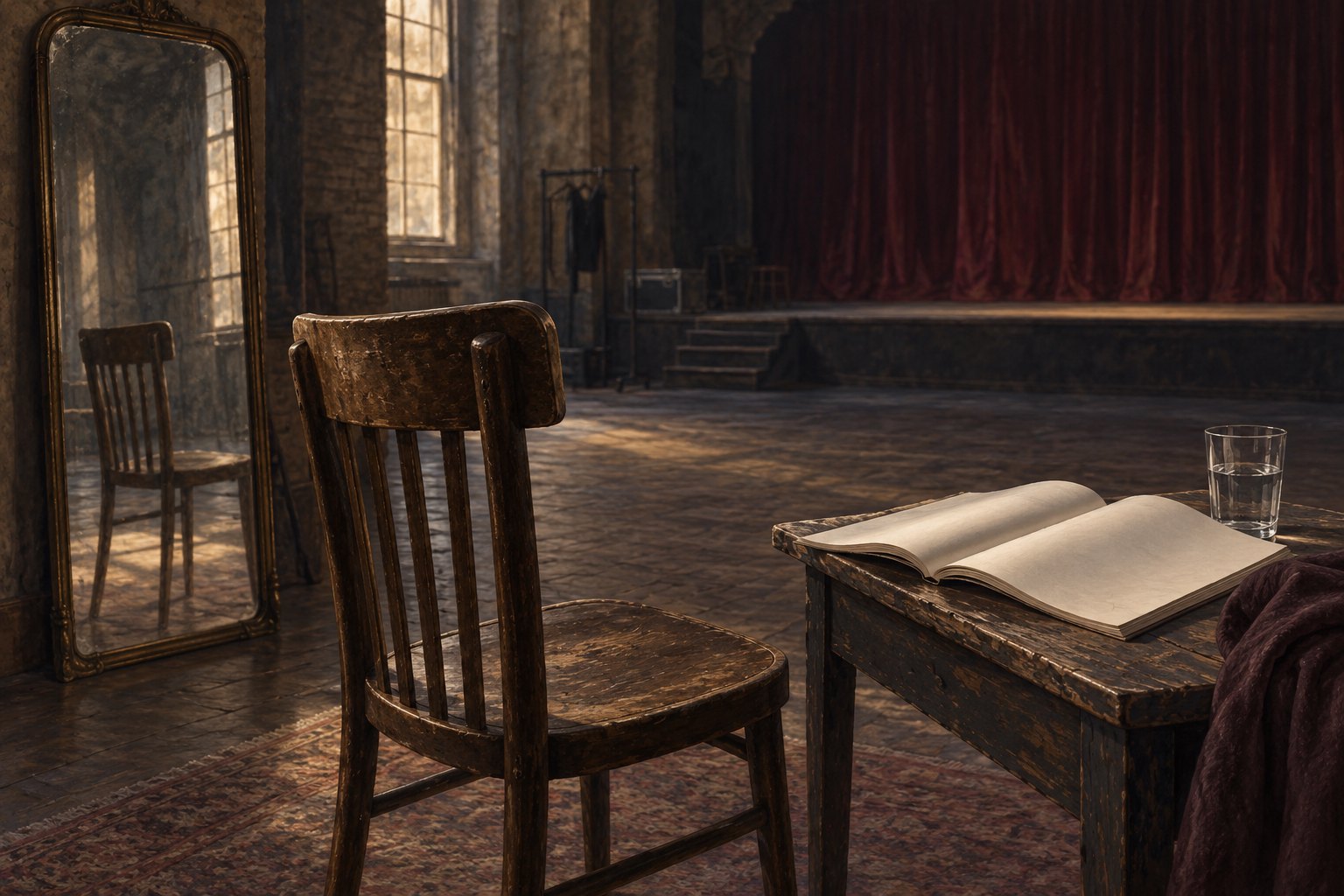 Conceptual illustration of an empty rehearsal room with a wooden chair, blank script pages, a mirror, and a glass of water.