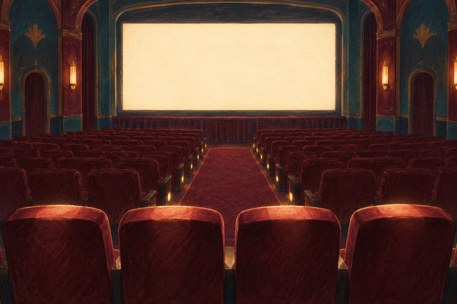 Illustration of an empty cinema with burgundy seats, four illuminated foreground seats, and a glowing blank screen.