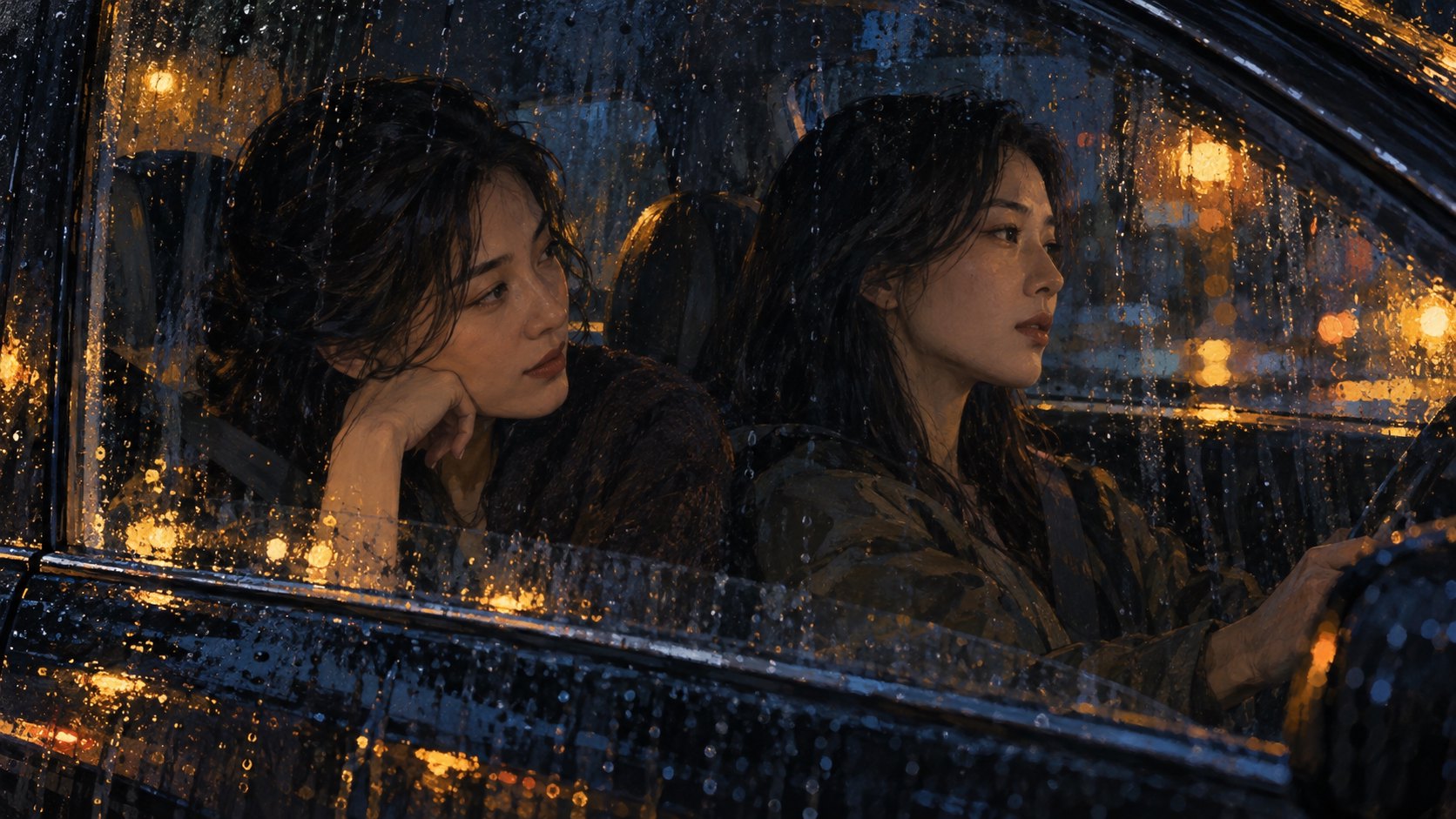 原創情境插畫:雨夜車窗映著街燈,兩名成年女子在車內呈現不同的凝視方向,非電影劇照