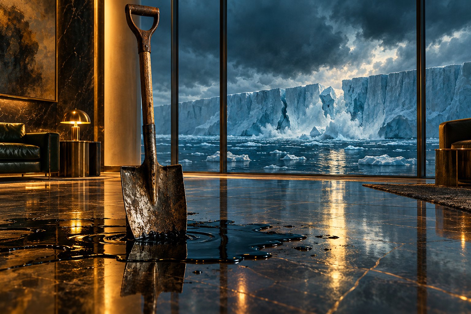 Conceptual illustration of a shovel standing in spilled oil inside a luxurious room overlooking fractured ice.
