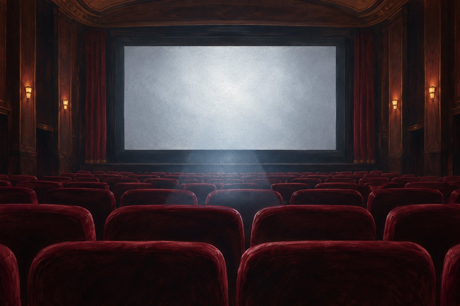 Conceptual illustration of an empty movie theater with burgundy seats facing a luminous blank screen.