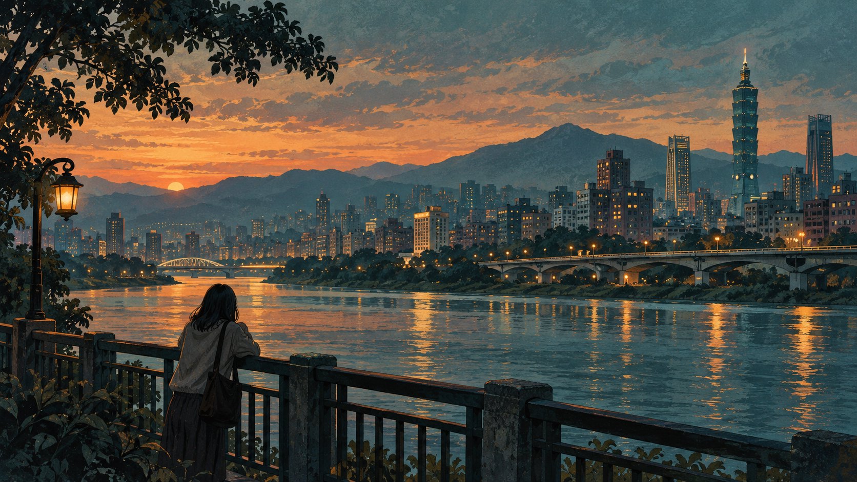 暮色中的台北城市意象與河岸行人,呈現人物和城市尺度的原創情境插畫,非電影劇照。