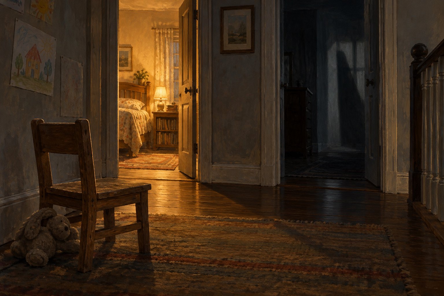 Conceptual illustration of a child's wooden chair beside two doorways, one warmly lit and the other filled with an unsettling shadow.