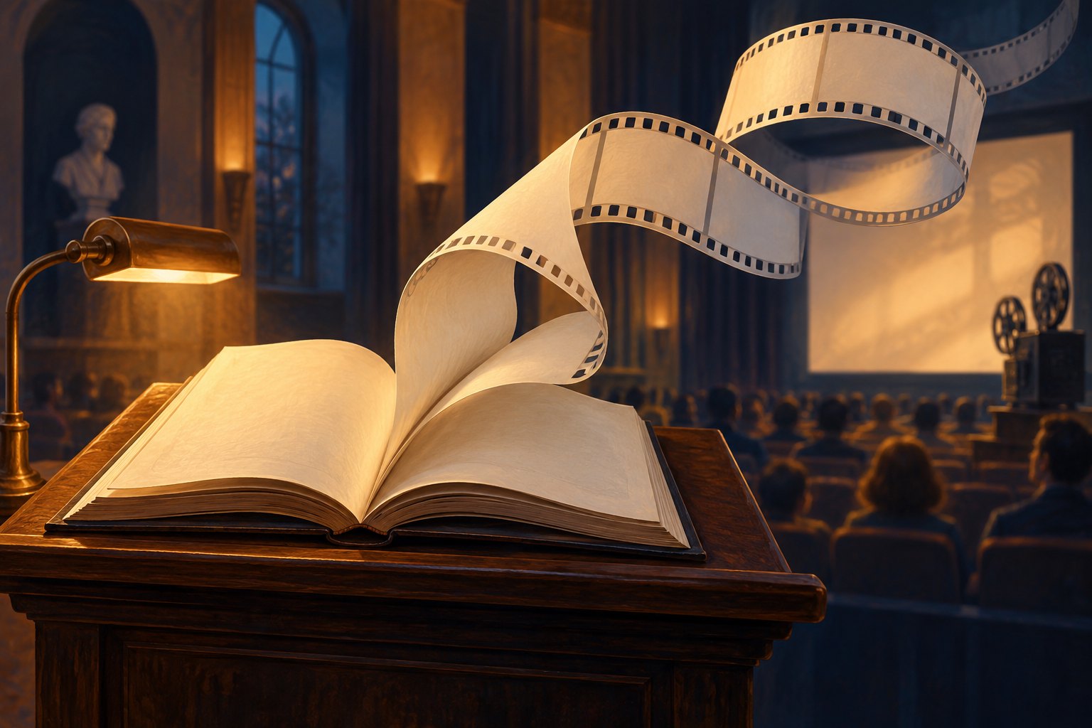 Conceptual illustration of an open book transforming into a curling filmstrip before a warmly lit screening room.