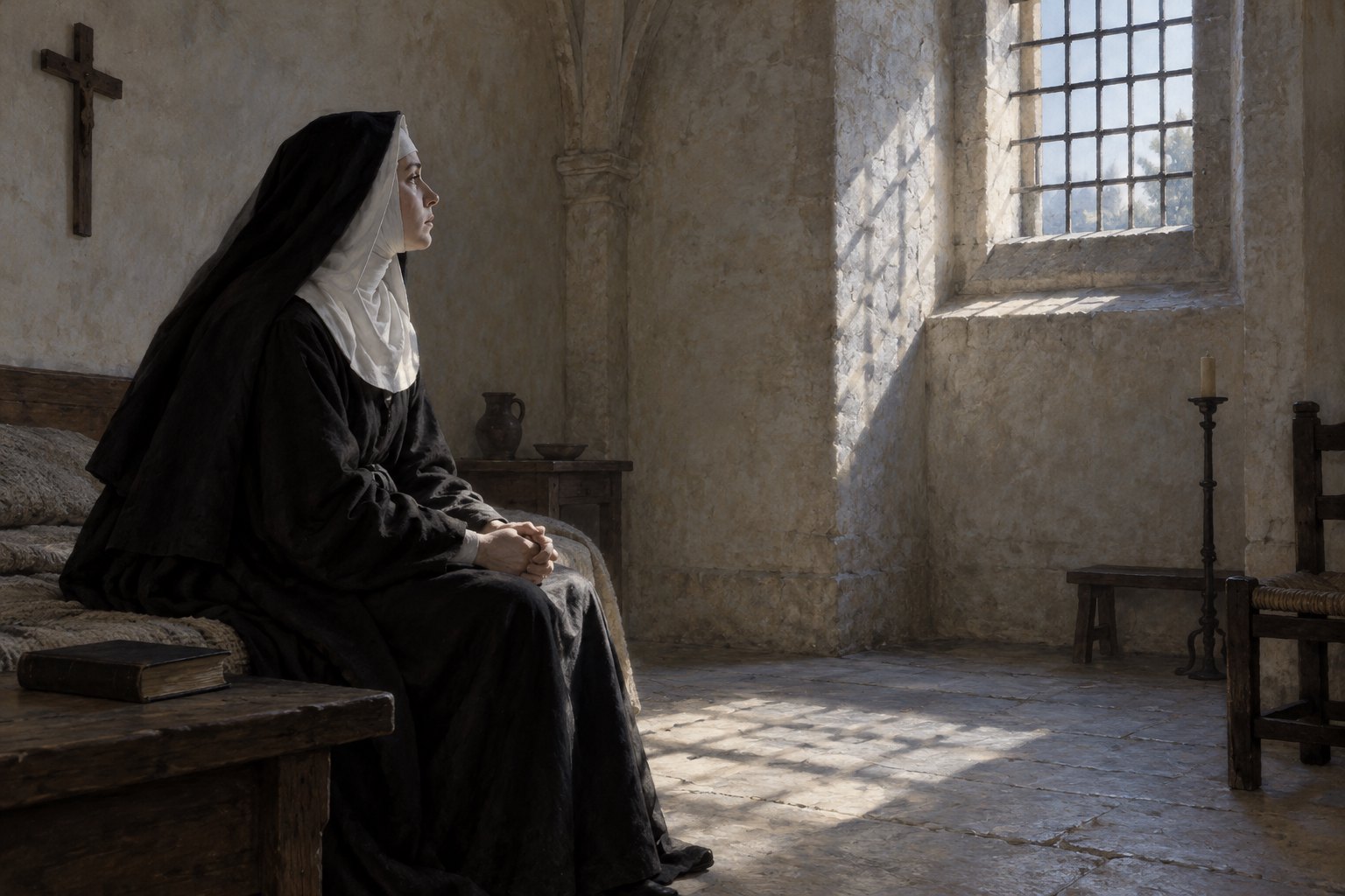 An original illustration of a nun sitting alone in a stone convent room beside a barred window.