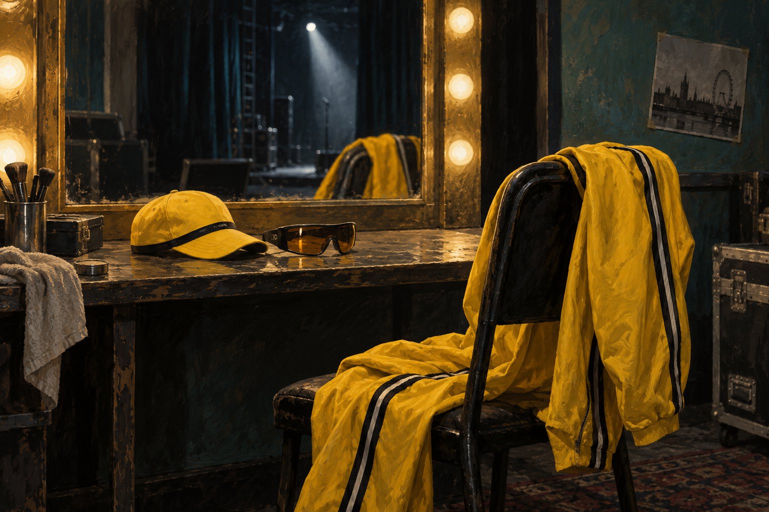 Conceptual illustration of a yellow tracksuit, cap, and tinted glasses beside a backstage dressing-room mirror.