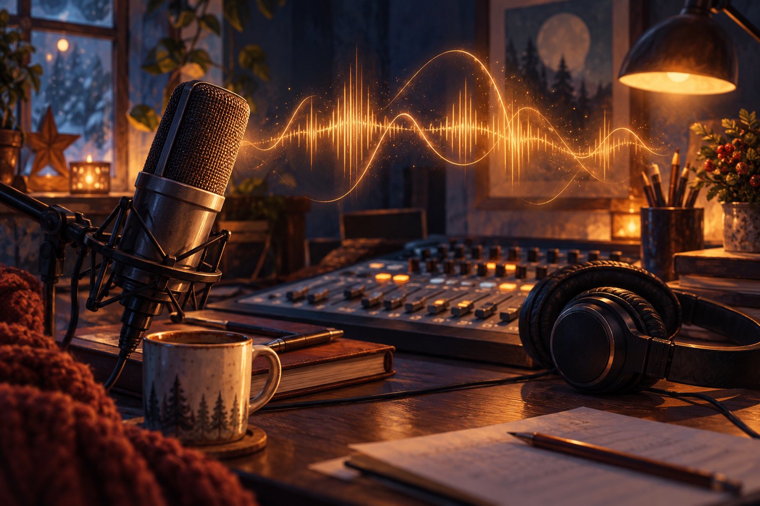 Conceptual illustration of a studio microphone, headphones, and a mixing console beneath a glowing amber sound wave.